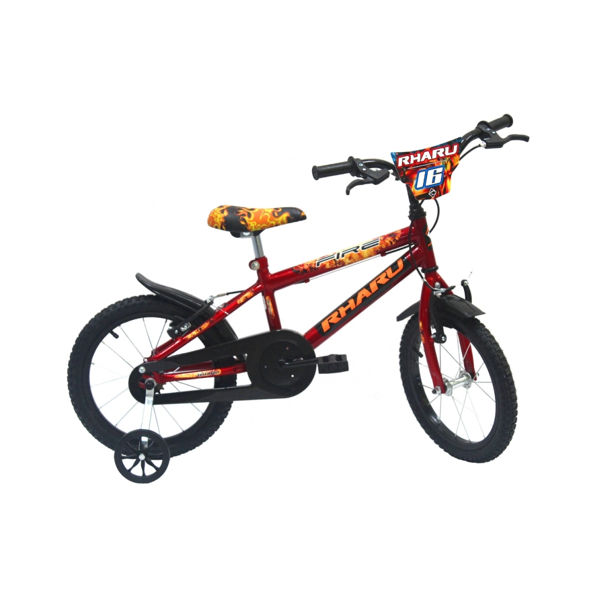 Bicicleta infantil preta e laranja com rodinhas