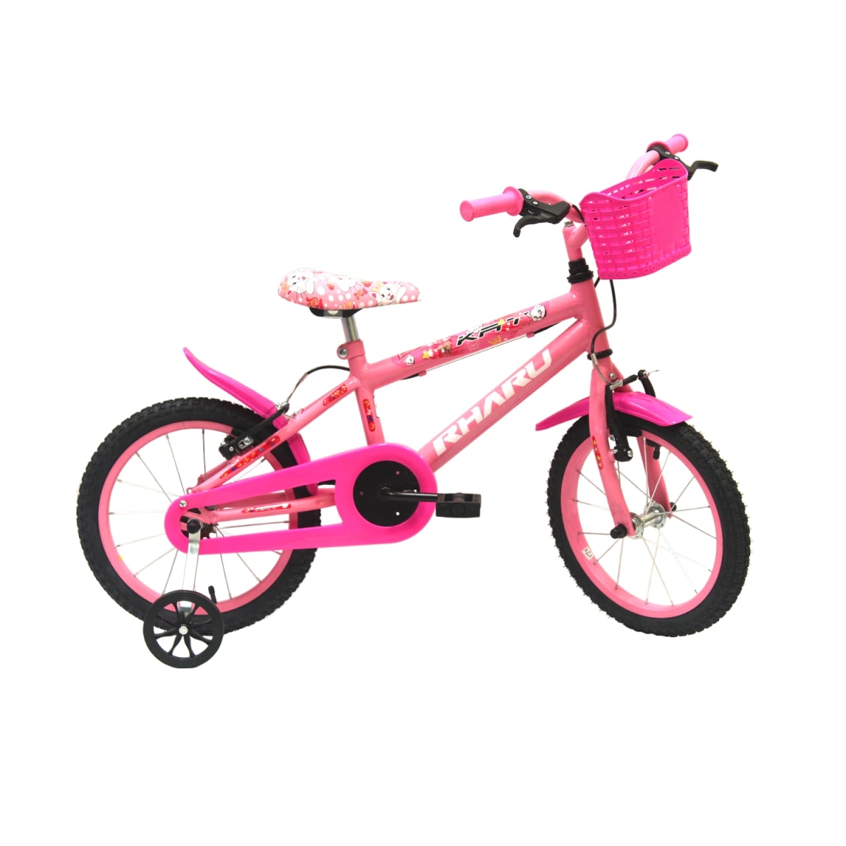 Bicicleta infantil rosa com rodinhas e cestinha