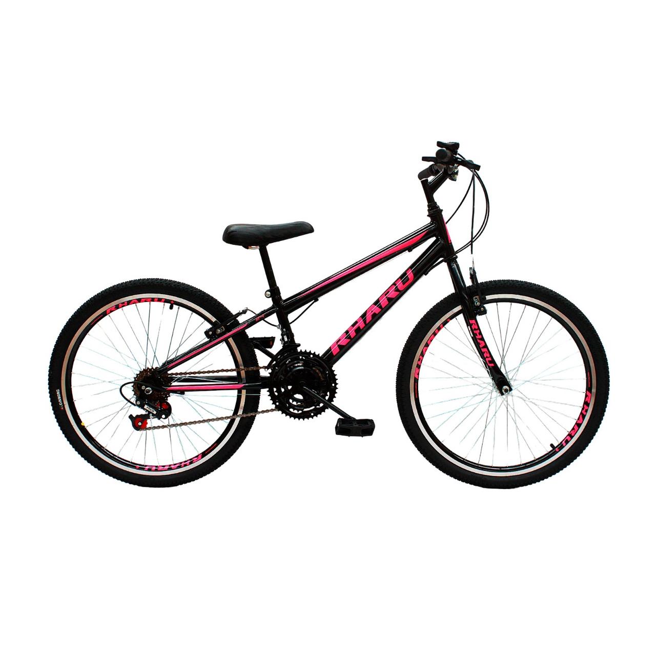Bicicleta MTB juvenil preta e rosa com câmbio