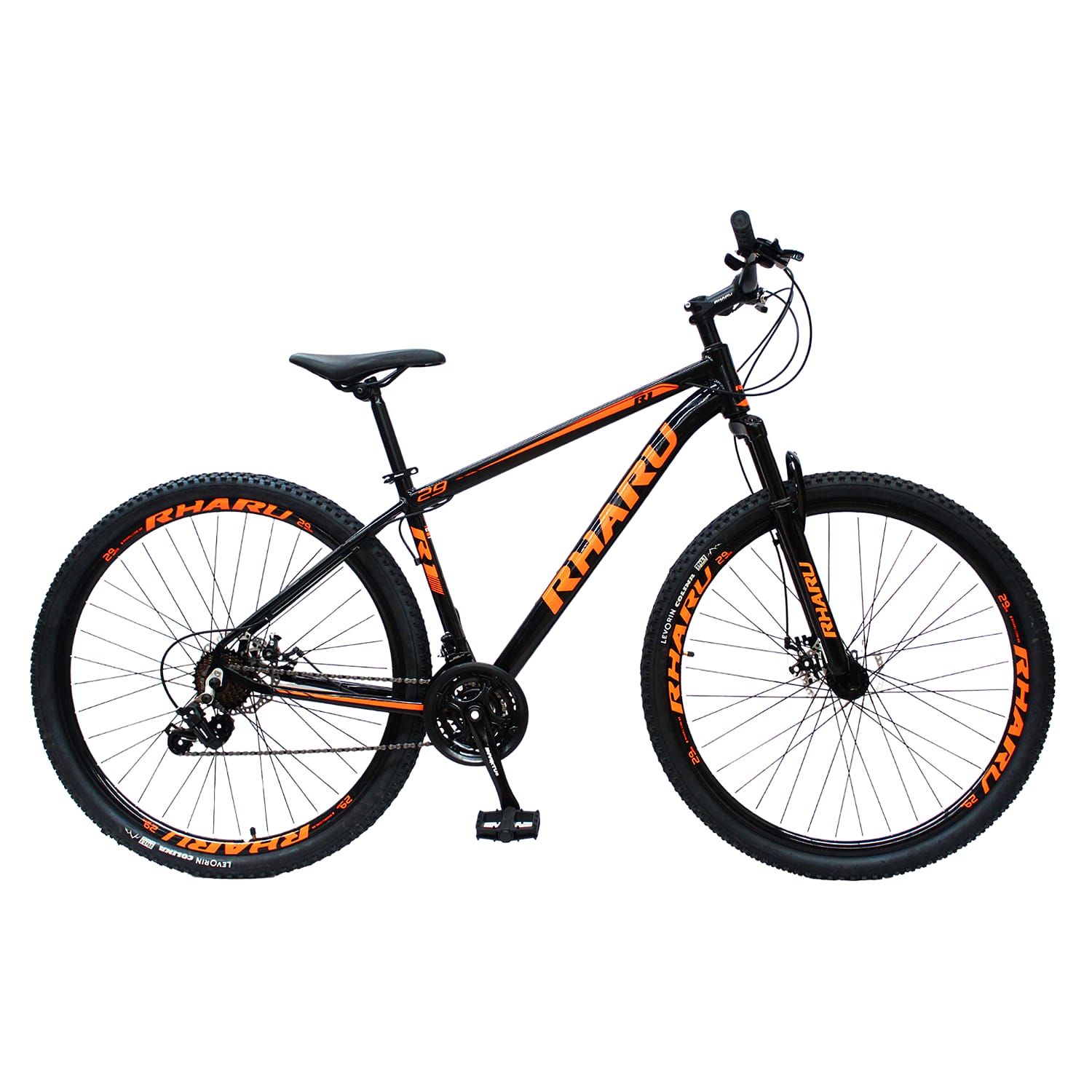 Bicicleta MTB adulto Rharu preta e laranja freio disco suspensão