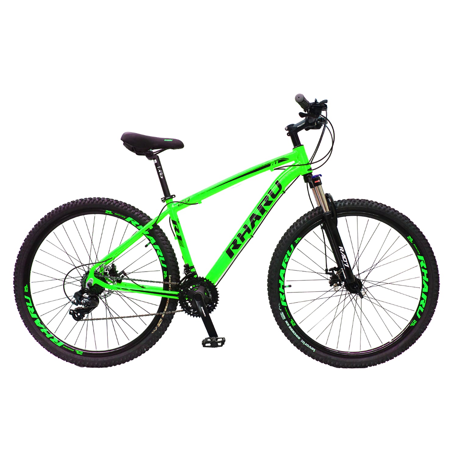 Bicicleta MTB adulto Rharu verde neon freio disco suspensão