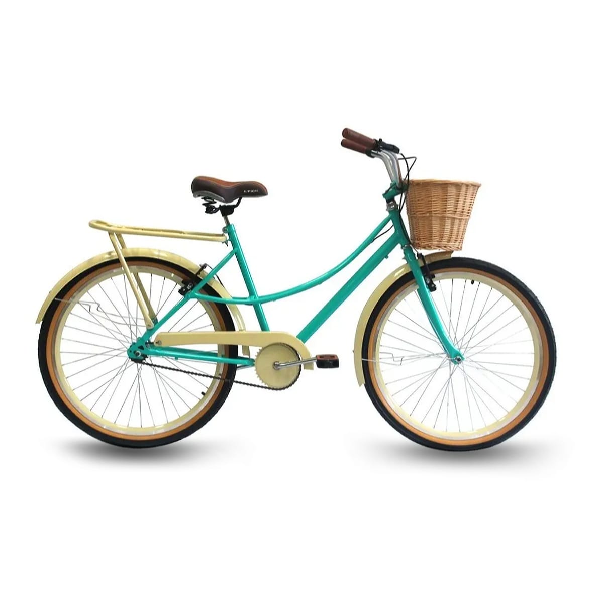 Bicicleta urbana adulto turquesa com cestinha e paralamas