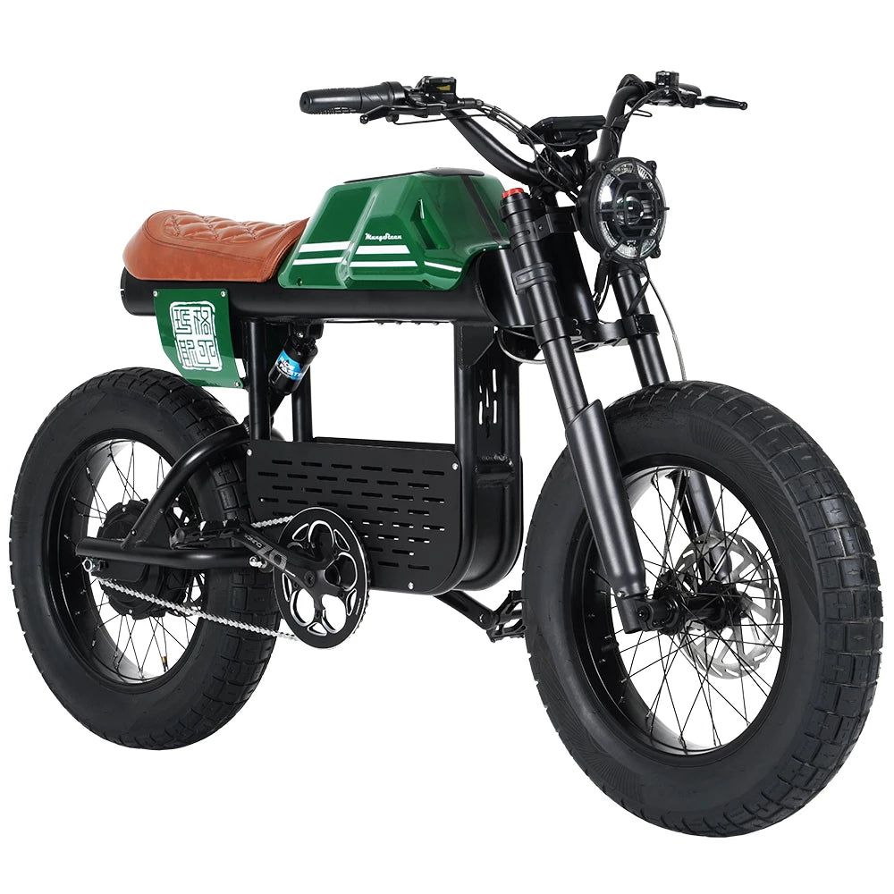Mangosteen verde, estilo scrambler, banco marrom