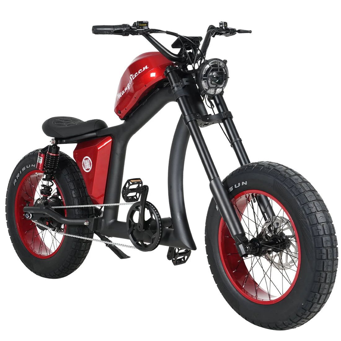 Mangosteen vermelha, estilo café racer, pneus fat tire
