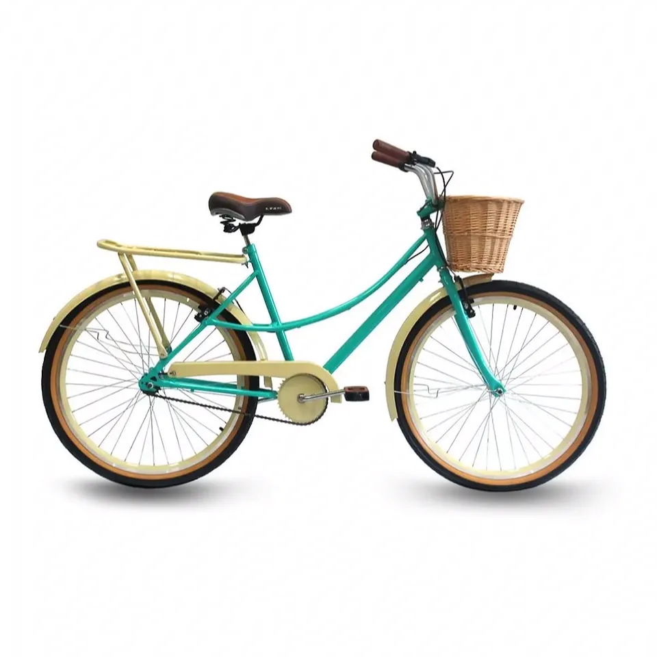 Bicicleta urbana adulto turquesa com cestinha e paralamas